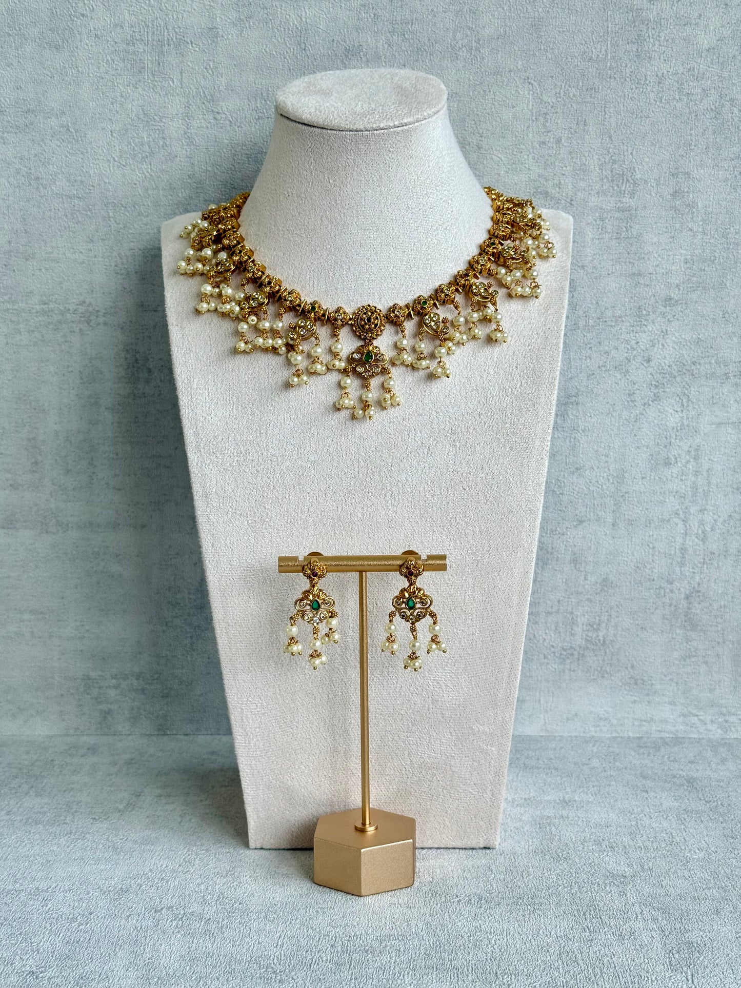 Ayura Designs Ilaa Set – Necklace & Earrings with Pink & Green Stone Accents, Pearl Drops & Antique Gold Finish