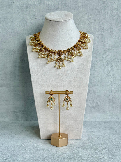 Ayura Designs Ilaa Set – Necklace & Earrings with Pink & Green Stone Accents, Pearl Drops & Antique Gold Finish