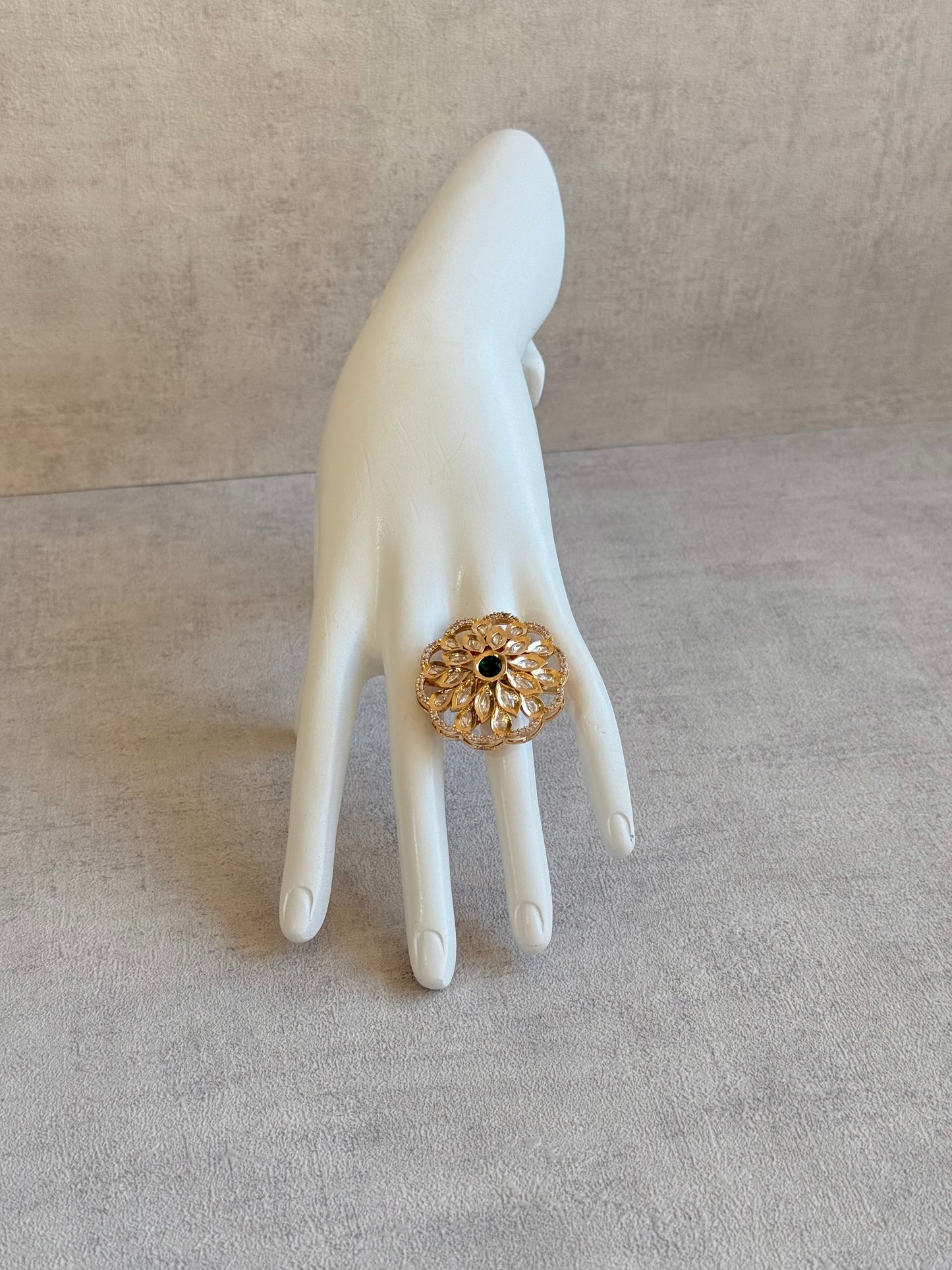 Ayura Designs Elisa Adjustable Ring – Moissanite Floral Ring with Emerald Green Centre & Crystal Border