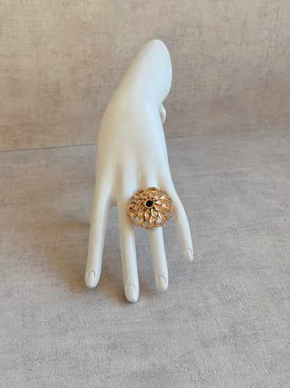 Ayura Designs Elisa Adjustable Ring – Moissanite Floral Ring with Emerald Green Centre & Crystal Border