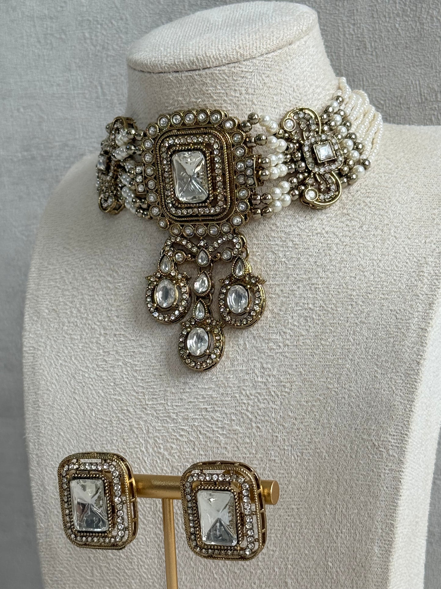 Ayura Designs Nabiha Choker Set with Studs – Ivory Pearl, Crystal Detailing & Gold Finish