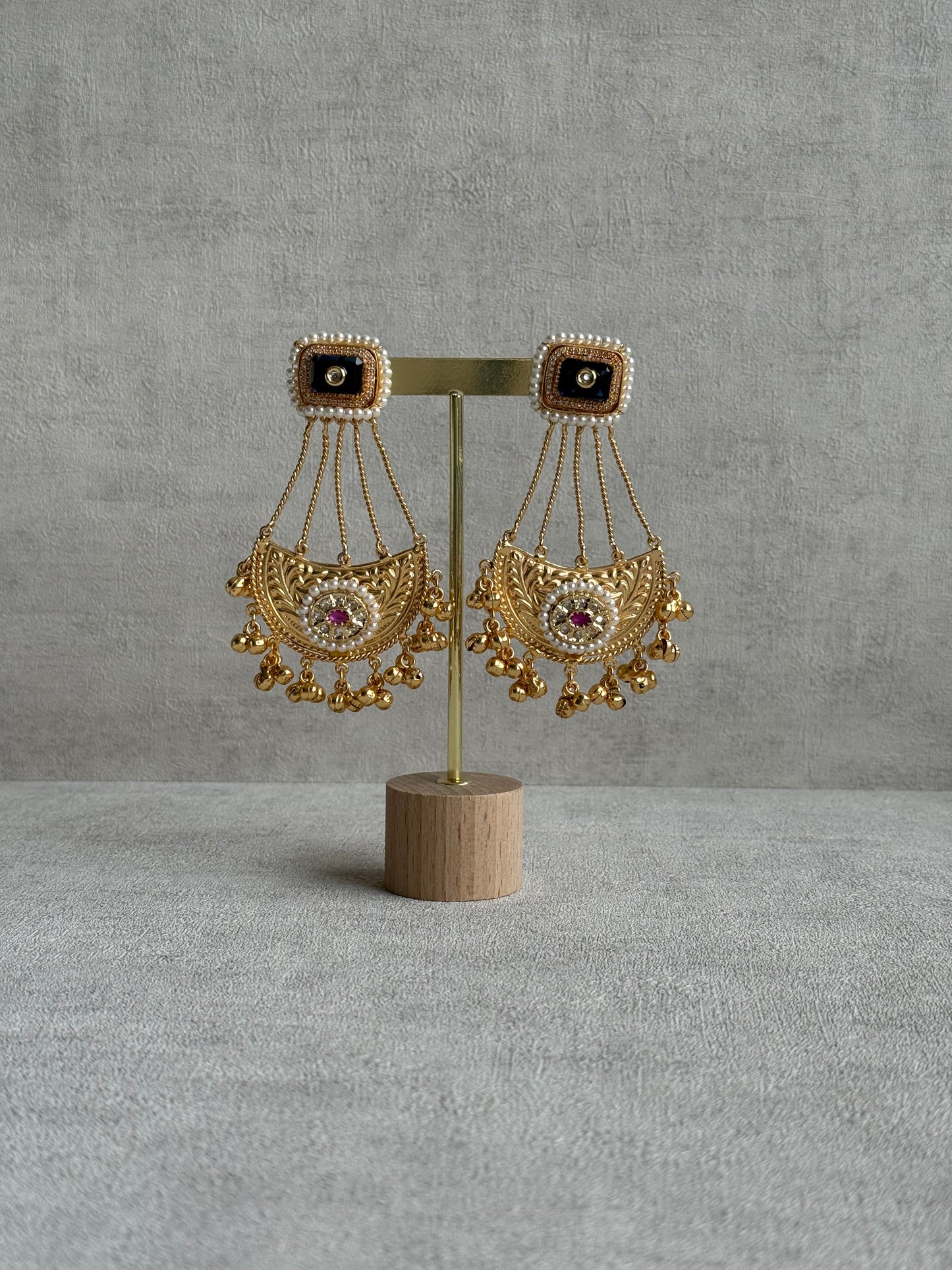 Ayura Designs Jheel Earrings – Navy Half-Moon Drops with Pearl Edging & Golden Ghungroos