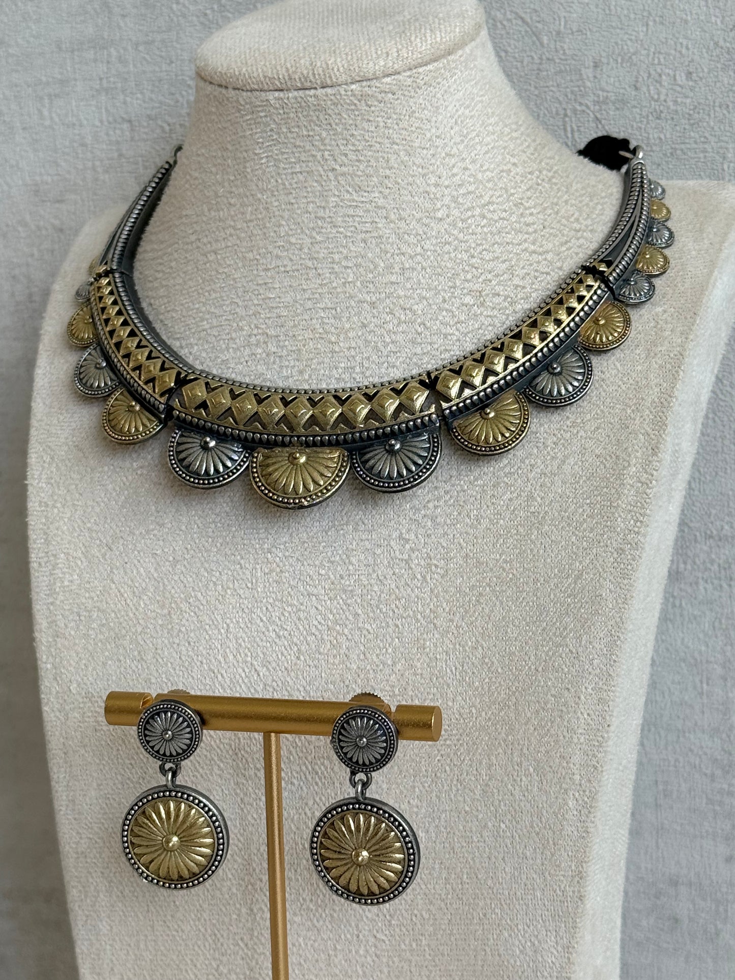 Ayura Designs Surmai Necklace Set with Earrings – Dual Tone Oxidised Necklace with Disc Motifs & Geometric Detailing