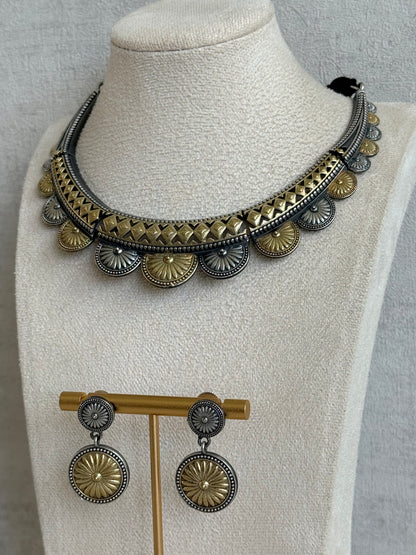 Ayura Designs Surmai Necklace Set with Earrings – Dual Tone Oxidised Necklace with Disc Motifs & Geometric Detailing