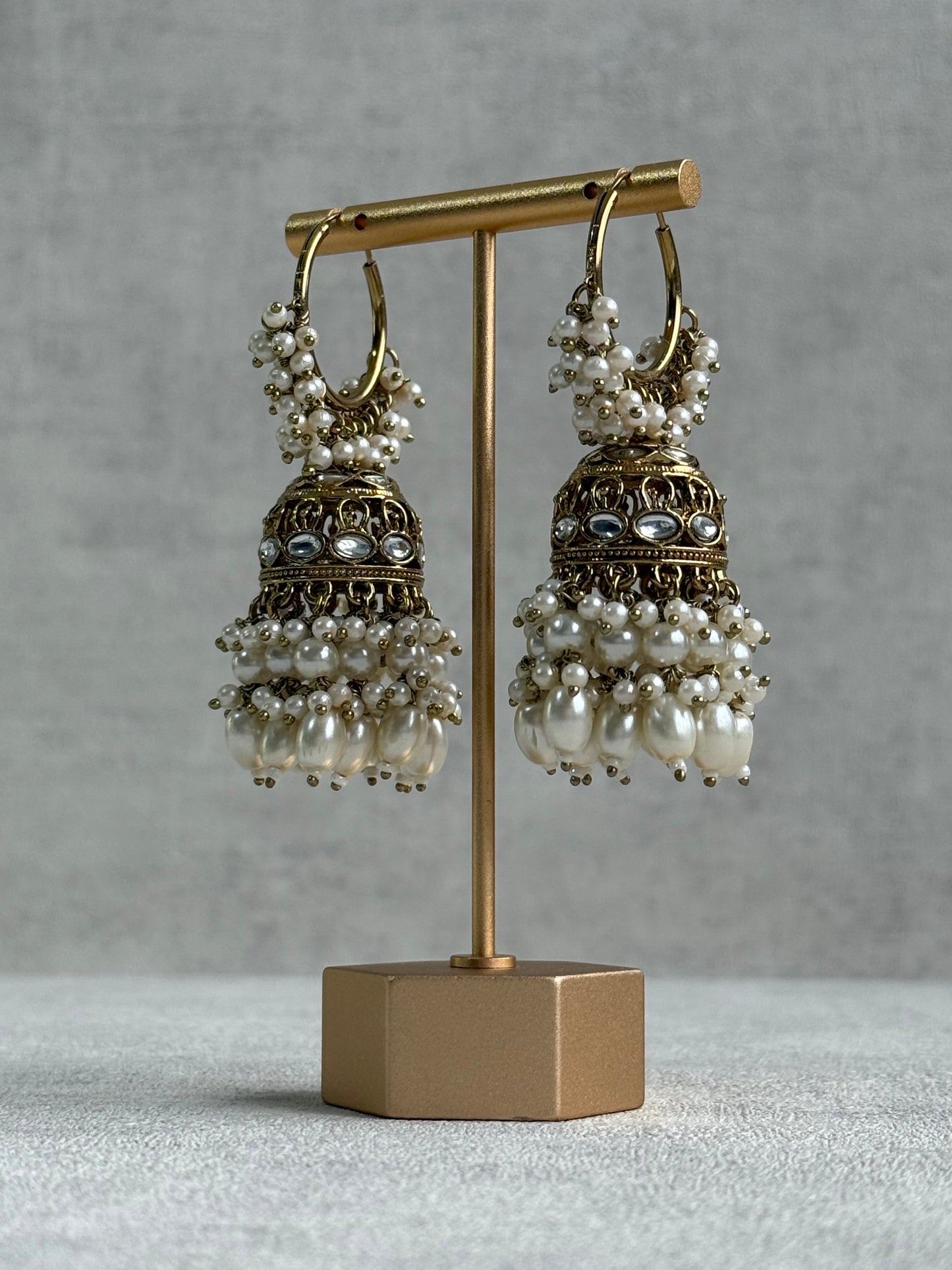Ayura Designs Jugni Jhumkis – Antique Gold Balis with Pearl Clusters & Kundan Detailing