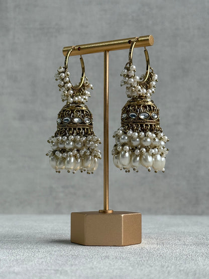 Ayura Designs Jugni Jhumkis – Antique Gold Balis with Pearl Clusters & Kundan Detailing