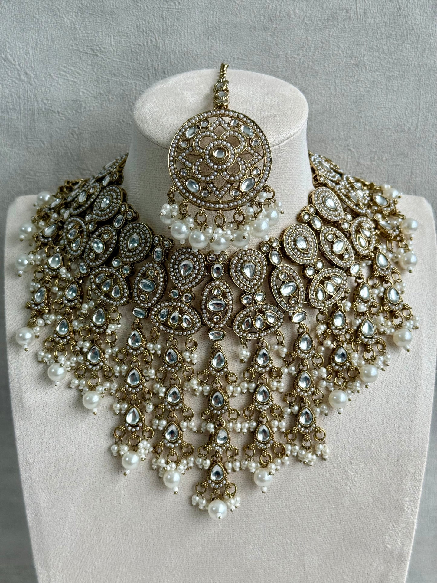 Ayura Designs Tanya Bridal Set with Necklace, Earrings & Tikka – Ivory Pearls, Mirror-Cut Stones & Antique Gold Finish