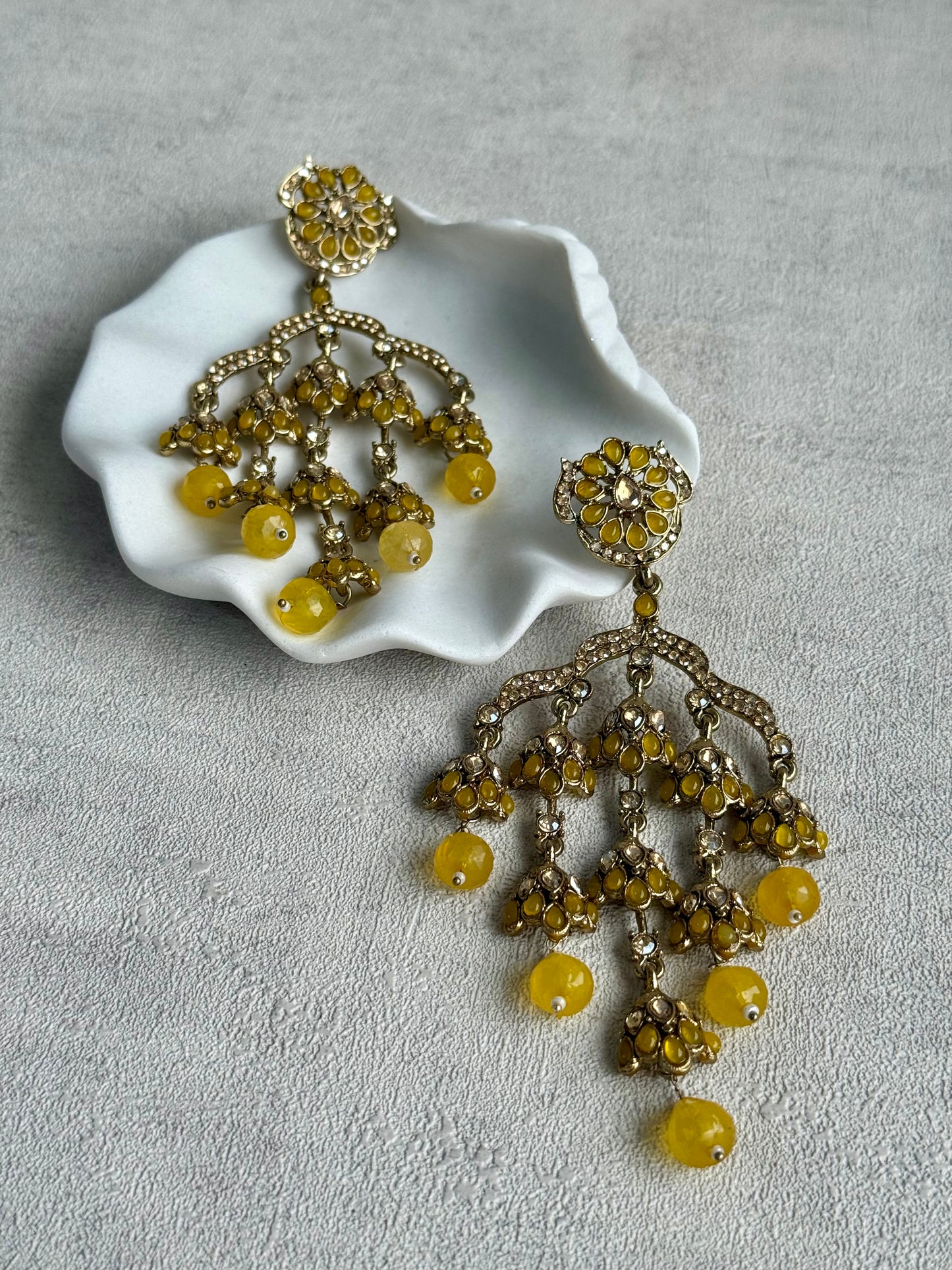 Ayura Designs Jasmine Earrings – Chandelier Statement Earrings with Yellow Beads & Antique Gold Finish