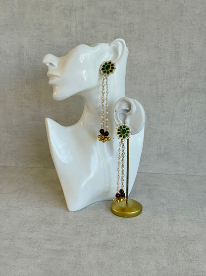 Ayura Designs Noorzar Earrings – Duster Earrings with Emerald Green Stones, Ruby Red Beads & Pearl Chains