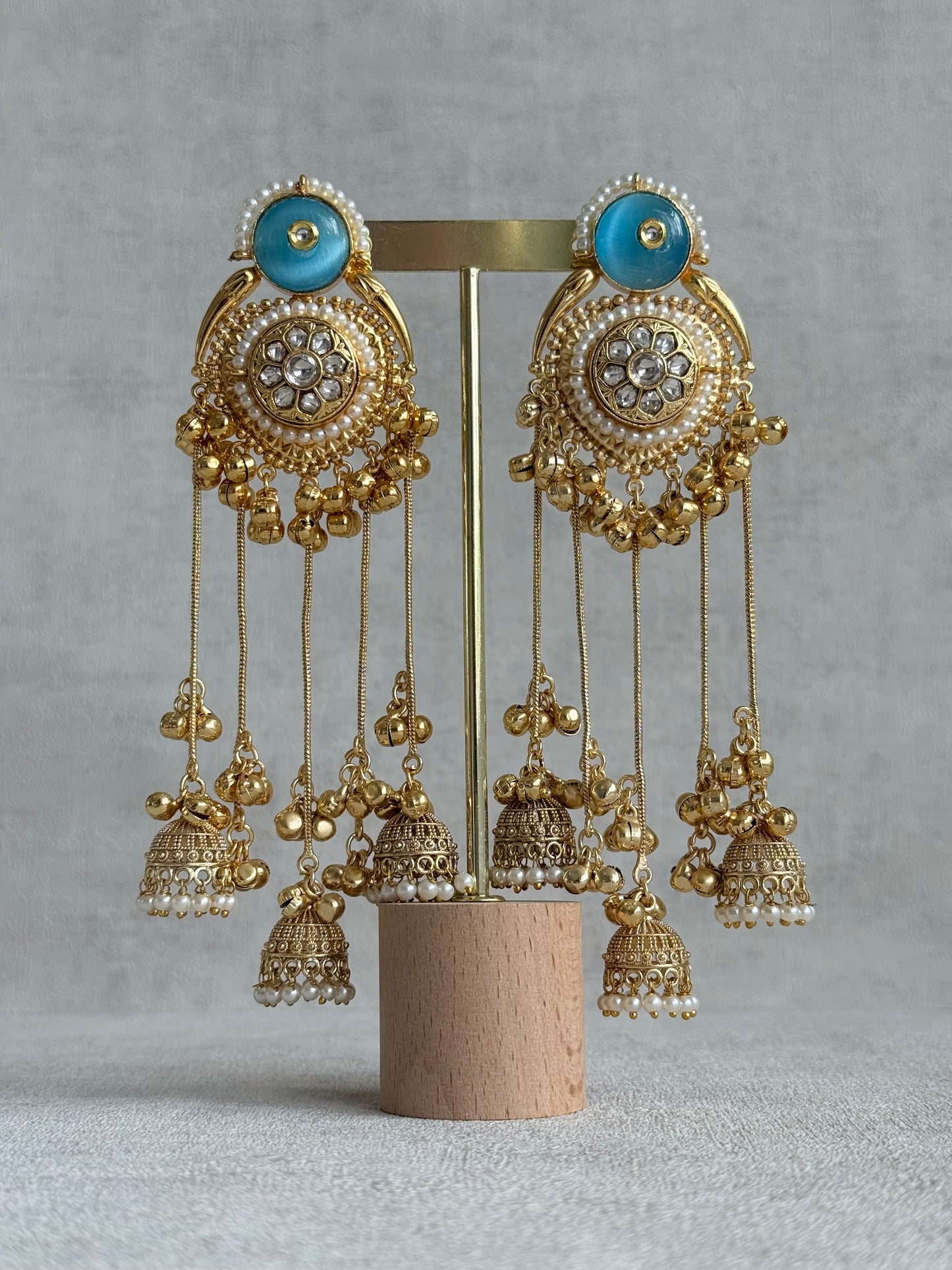 Ayura Designs Shagan Earrings – Aqua Blue Statement Earrings with Multi Jhumki Drops, Pearl Detailing & Ghungroo Accents
