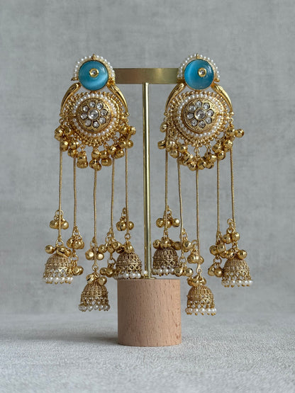 Ayura Designs Shagan Earrings – Aqua Blue Statement Earrings with Multi Jhumki Drops, Pearl Detailing & Ghungroo Accents