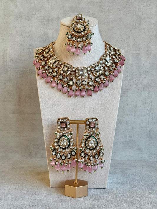 Ayura Designs Ishrat Set with Necklace, Earrings & Tikka – Kundan Detailing, Pearl Drops & Blush Pink Beads