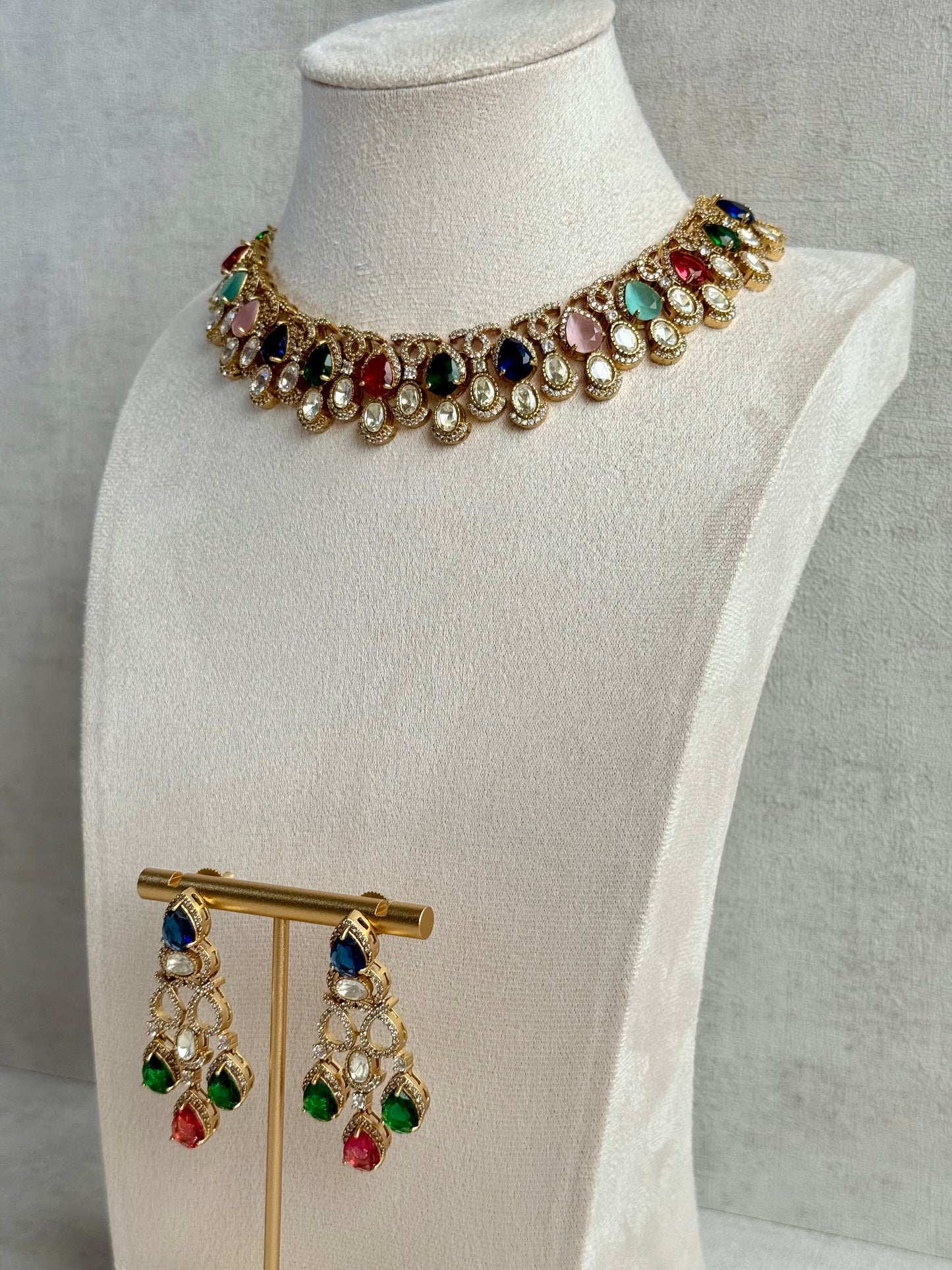 Ayura Designs Sylvie Necklace Set with Earrings – Gold Finish with Moissanite Crystals & Multicolour Stones