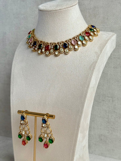 Ayura Designs Sylvie Necklace Set with Earrings – Gold Finish with Moissanite Crystals & Multicolour Stones
