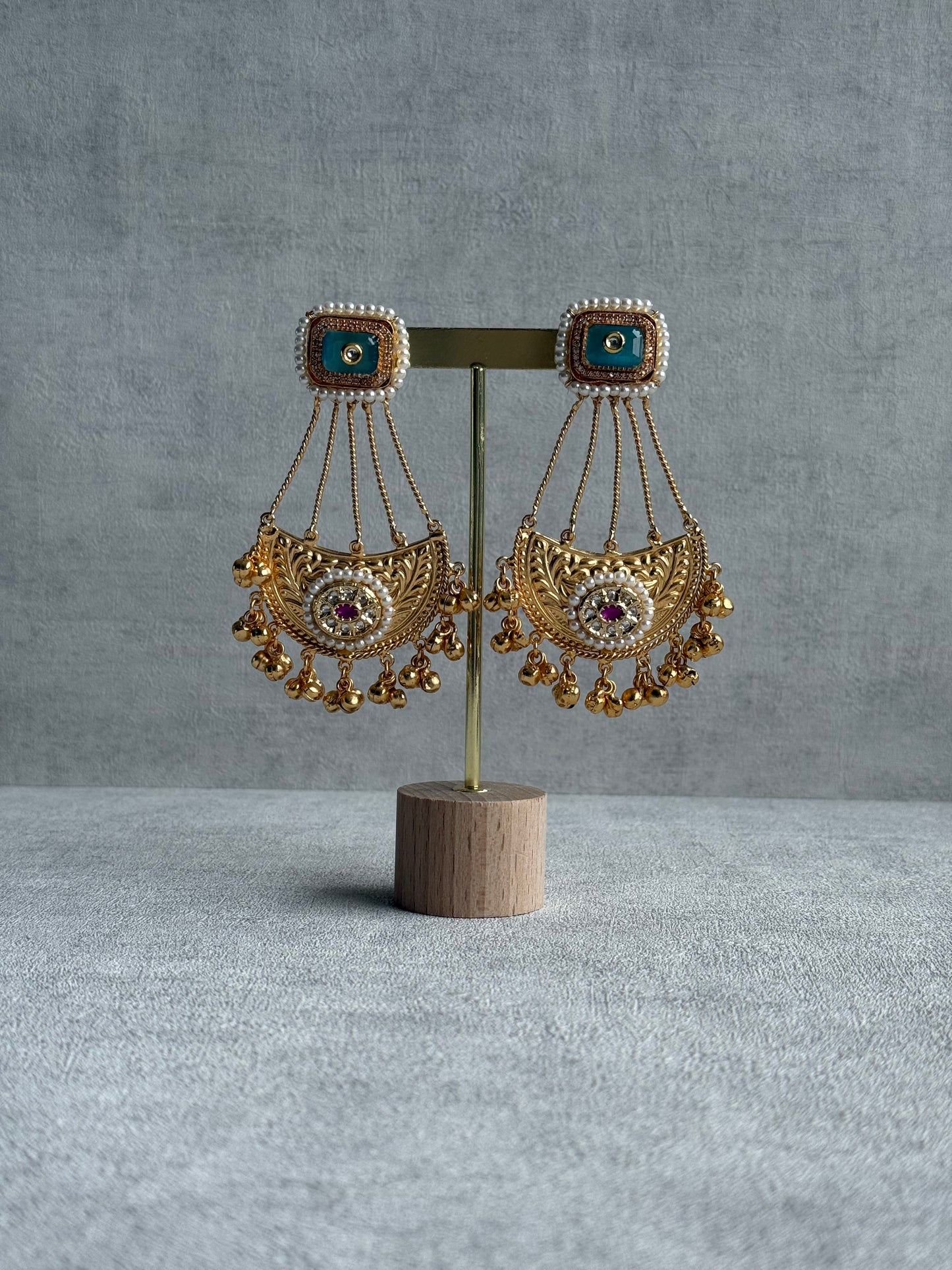 Ayura Designs Jheel Earrings – Turquoise Half-Moon Drops with Pearl Edging & Golden Ghungroos