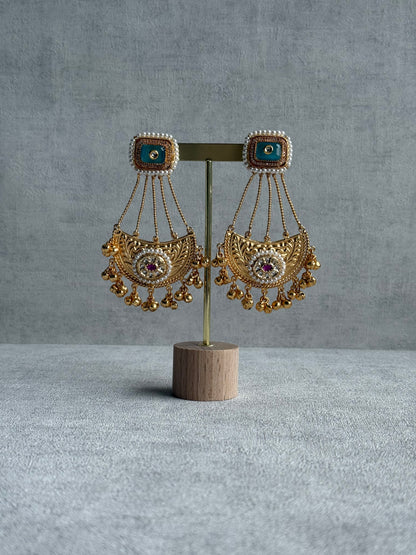 Ayura Designs Jheel Earrings – Turquoise Half-Moon Drops with Pearl Edging & Golden Ghungroos