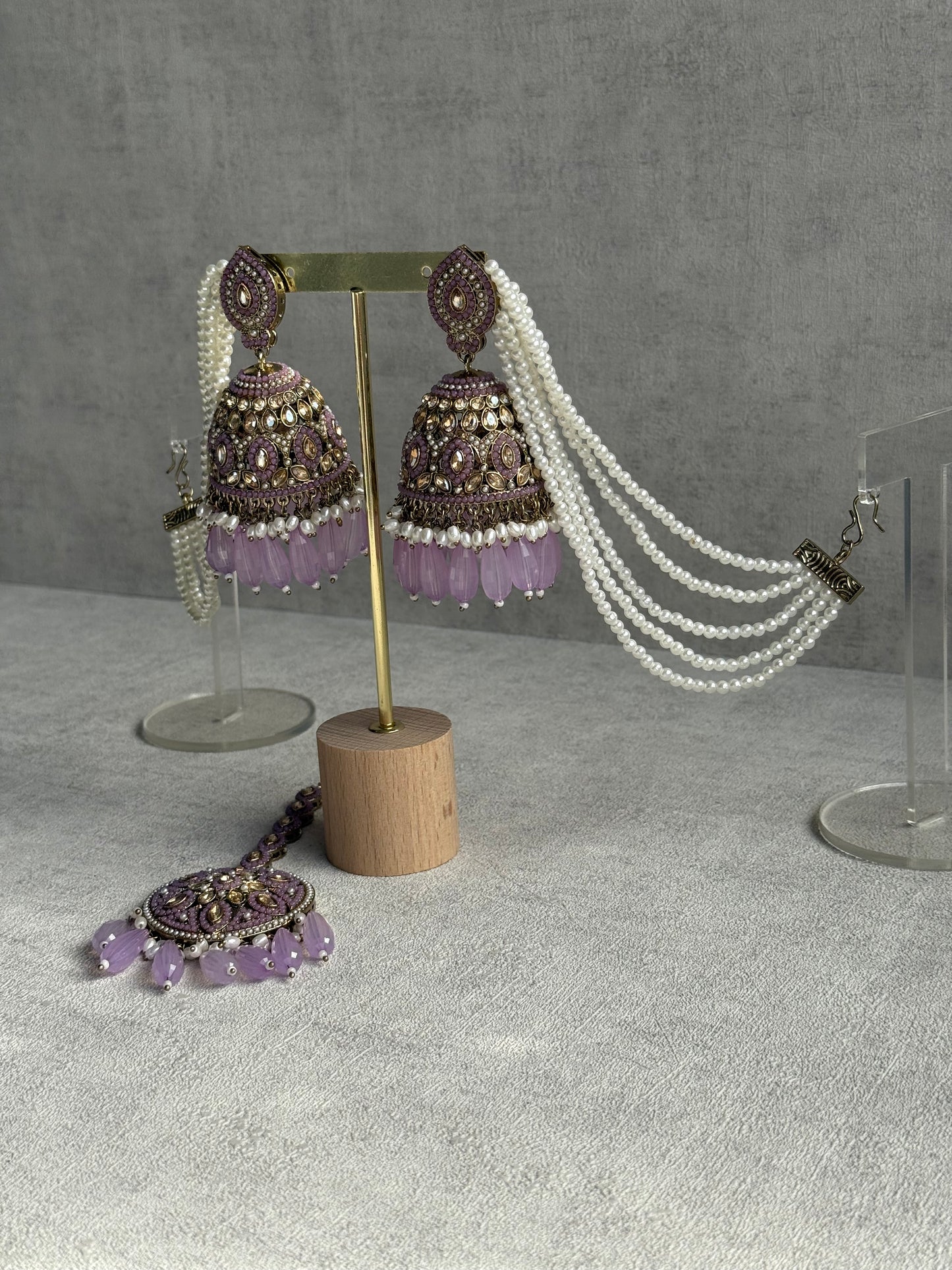 Ayura Designs Amrita Set – Jhumkis with Sahare & Tikka in Soft Lilac Beads, Pearls and Antique Gold Finish