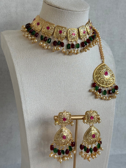 Ayura Designs Chetna Choker Set with Earrings & Tikka – Maroon & Emerald Green Beads, Cream Pearl Drops with Pipal Patti Detailing