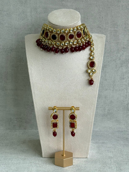 Ayura Designs Ishi Set With Choker, Earrings & Tikka – Kundan Stones With Deep Maroon Beads