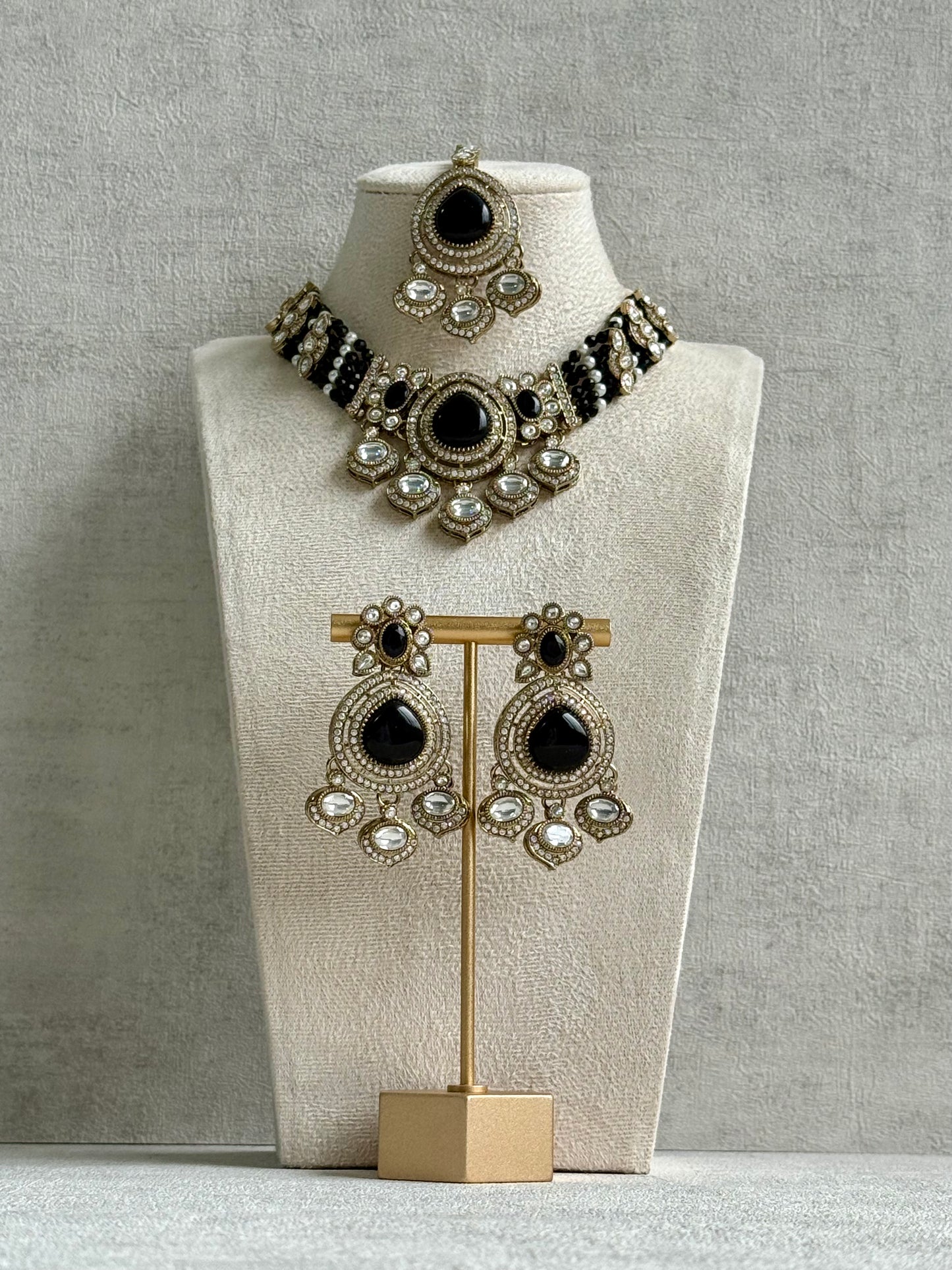 Ayura Designs Rahi Necklace Set with Earrings & Tikka – Black Stones with Mirror-Cut Detailing & Pearl Strands
