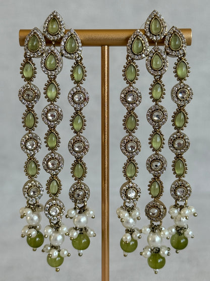Ayura Designs Emilia Earrings – Gold Triple Strand Statement Earrings with Olive Green Stones & Pearl Drops