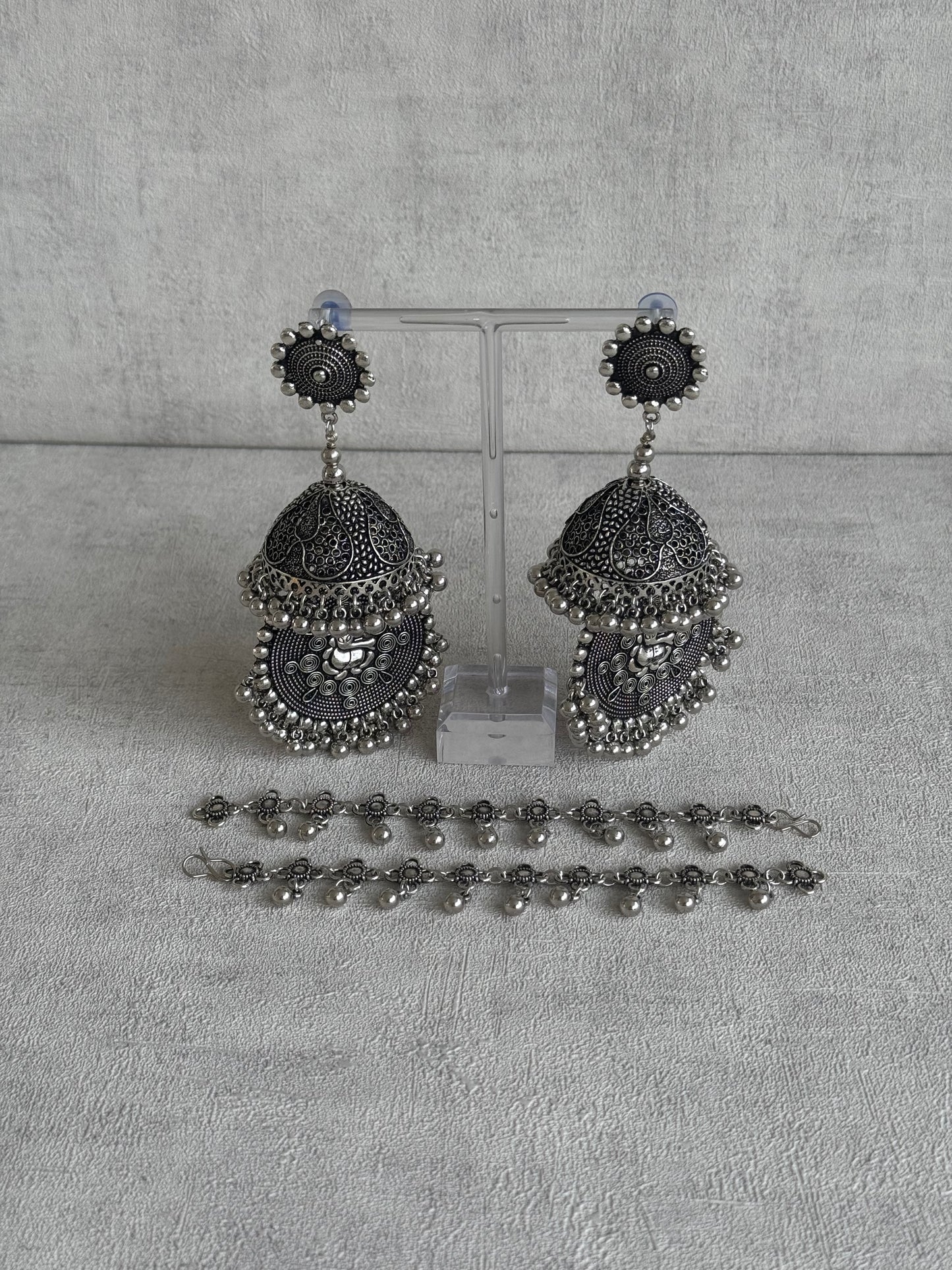 Ayura Designs Kashish Earrings – Oxidised Silver with Lord Ganesh Motif, Dome Jhumkas & Matching Sahare