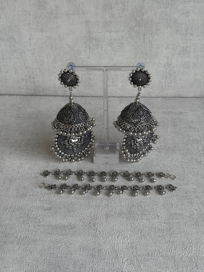 Ayura Designs Kashish Earrings – Oxidised Silver with Lord Ganesh Motif, Dome Jhumkas & Matching Sahare