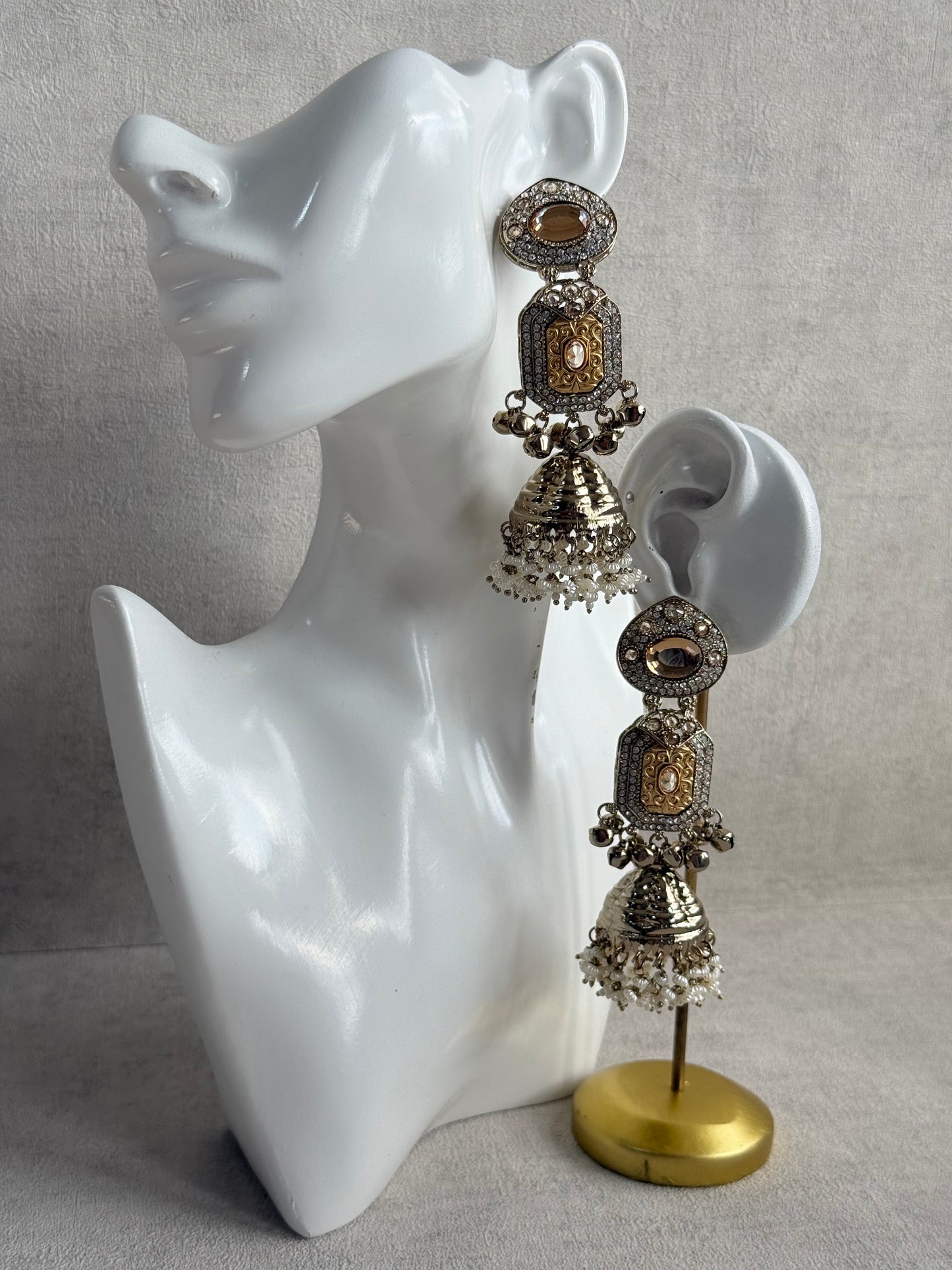 Ayura Designs Maara Jhumkis – Champagne Gold with Champagne Stones, Crystals, Ghungroos & Pearl Detailing