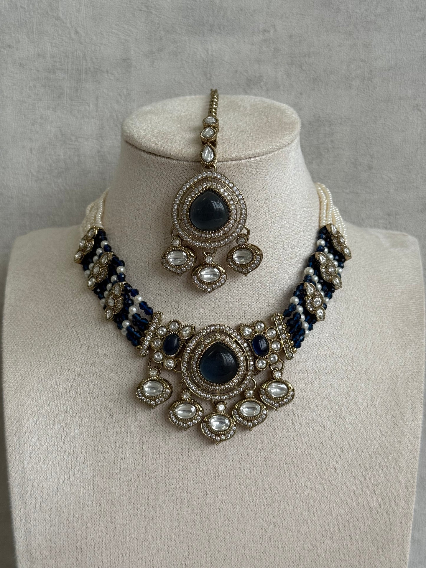 Ayura Designs Rahi Necklace Set with Earrings & Tikka – Ink Blue Stones with Mirror-Cut Detailing & Pearl Strands