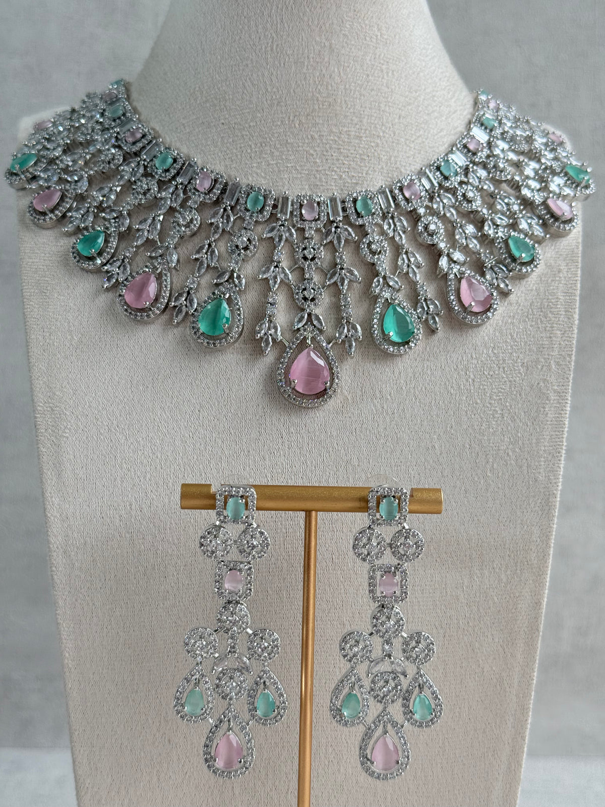 Ayura Designs Skye Necklace Set with Earrings – Blush Pink & Mint Green Stones with Crystal Detailing in Silver Finish