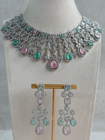 Ayura Designs Skye Necklace Set with Earrings – Blush Pink & Mint Green Stones with Crystal Detailing in Silver Finish