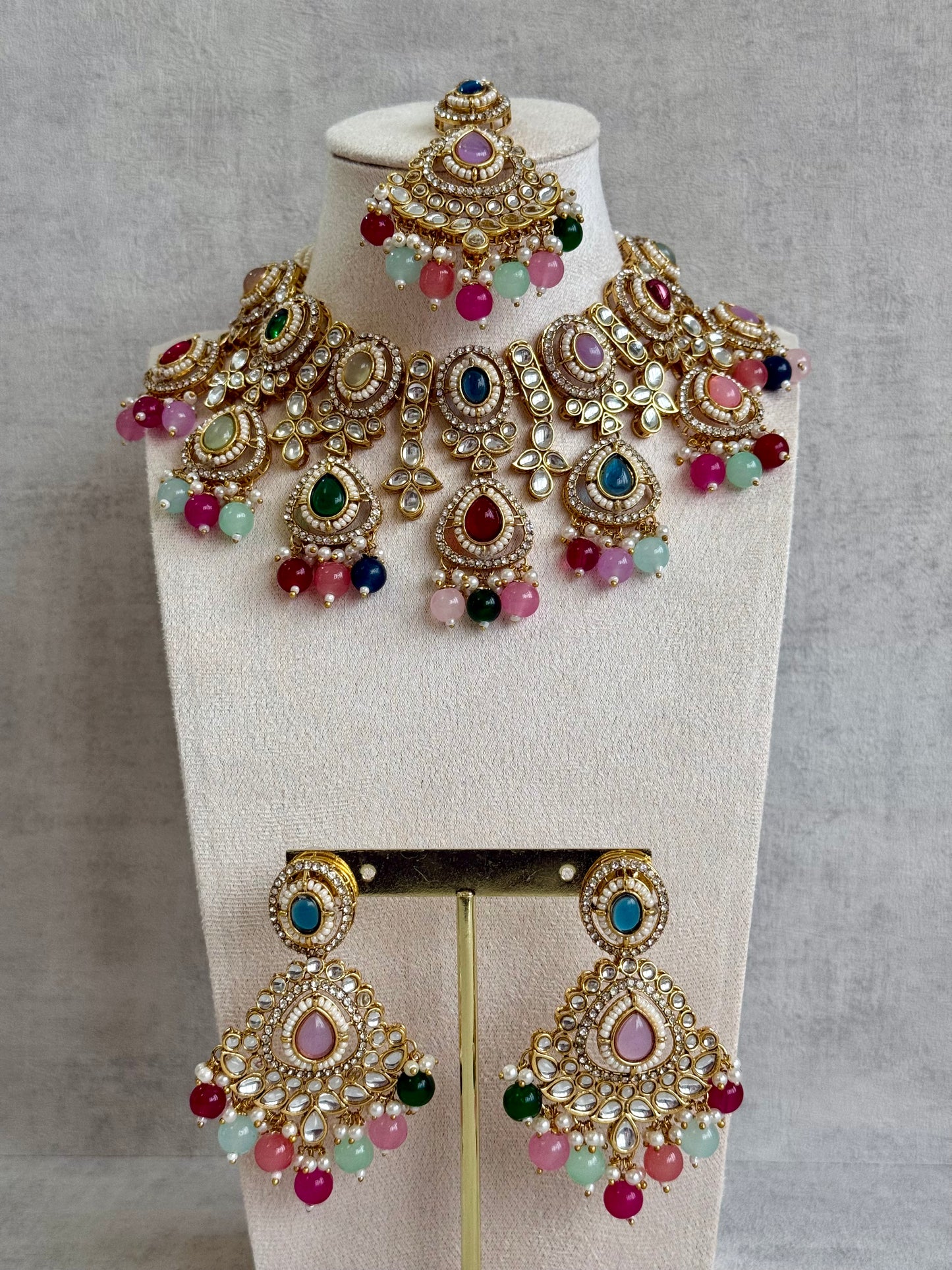 Ayura Designs Janvi Set with Necklace, Earrings & Tikka – Kundan Detailing, Multicolour Beads & Pearl Drops