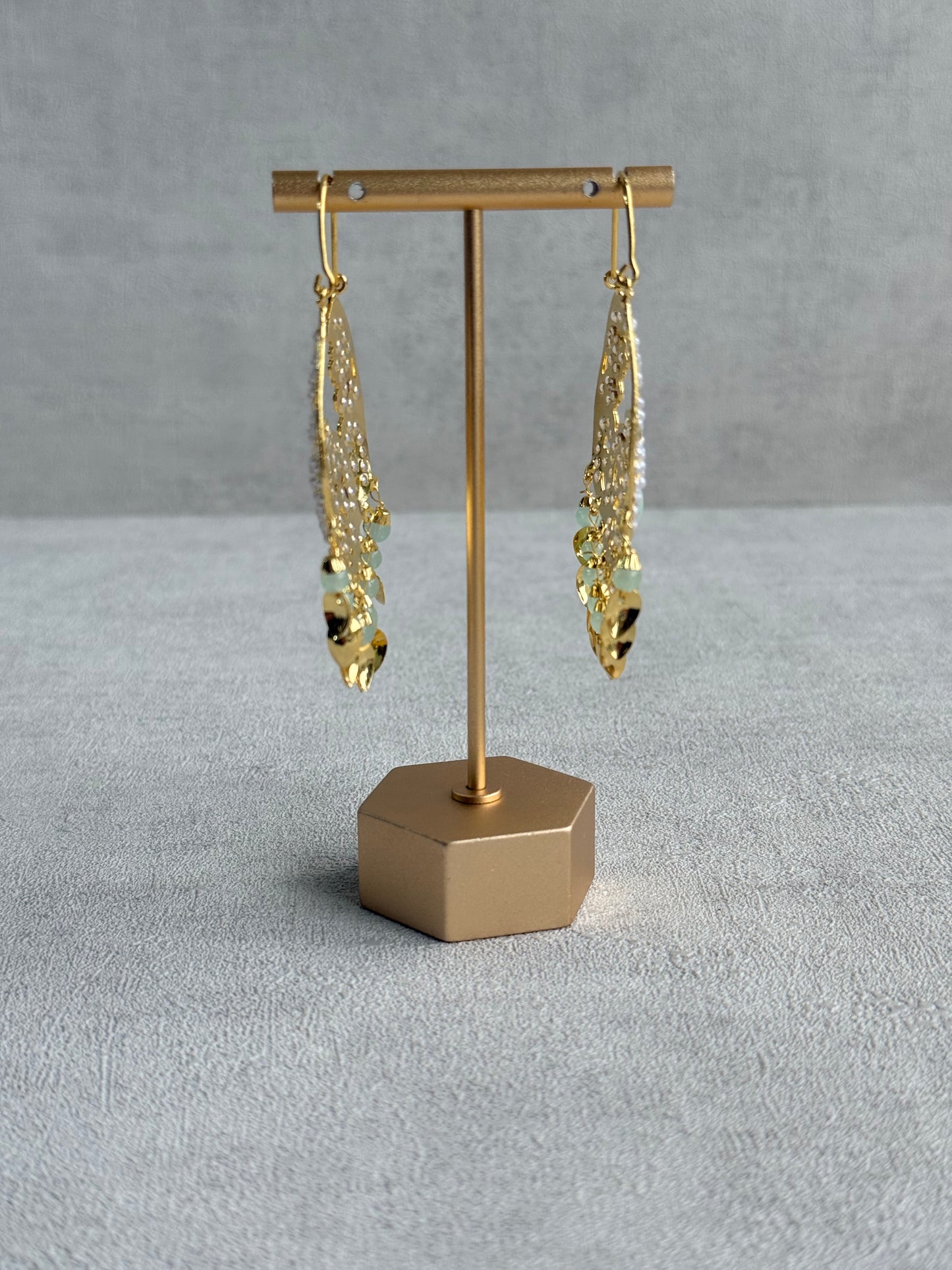 Ayura Designs Nimrat Balis – Mint Green & Ivory Pearls with Pippal Patti & Gold Finish