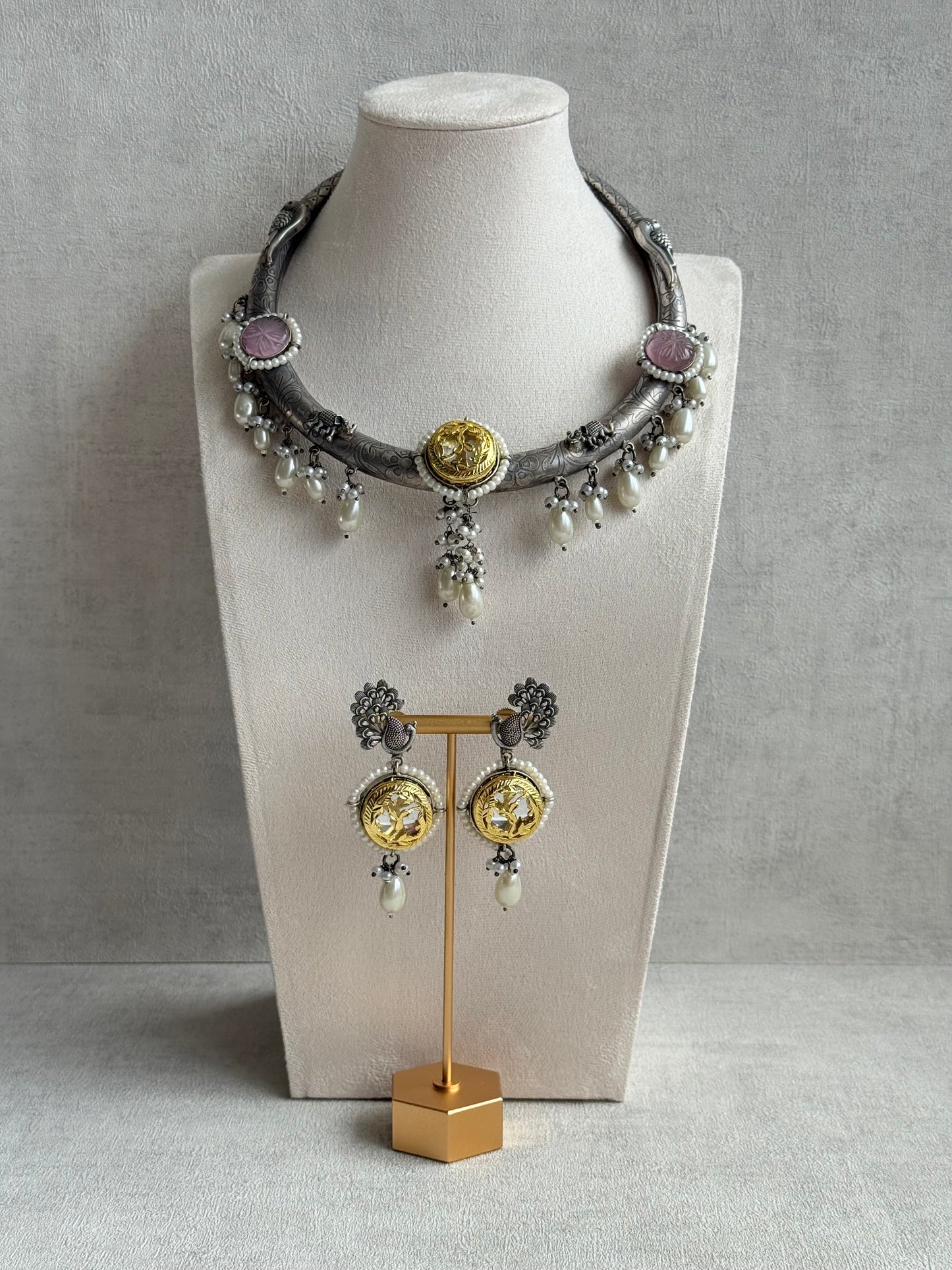 Ayura Designs Zareen Torque Necklace Set with Earrings – Dual Tone Oxidised Collar Necklace with Coin Detailing, Pearl Drops & Peacock Motifs