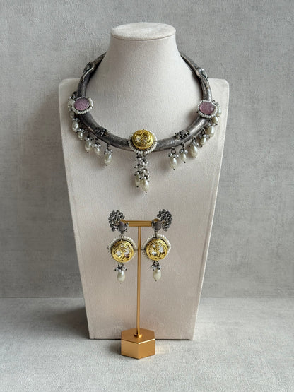 Ayura Designs Zareen Torque Necklace Set with Earrings – Dual Tone Oxidised Collar Necklace with Coin Detailing, Pearl Drops & Peacock Motifs