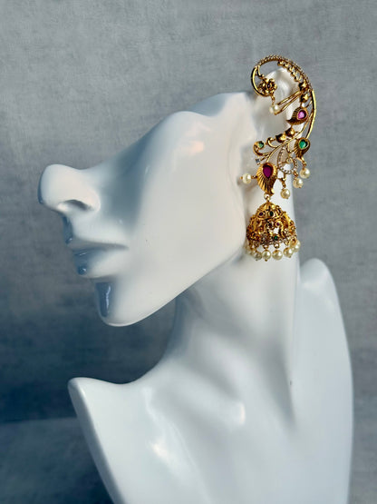 Ayura Designs Nalini Jhumkis – Gold Half Ear Cuffs with Multicolour Stone Accents, Crystal Detailing & Pearl Jhumka Drops