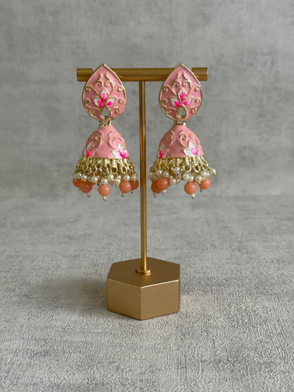 Ayura Designs Gia Jhumkis – Blush Pink Meenakari with Pink Lotus Motifs & Ivory Pearl Drops