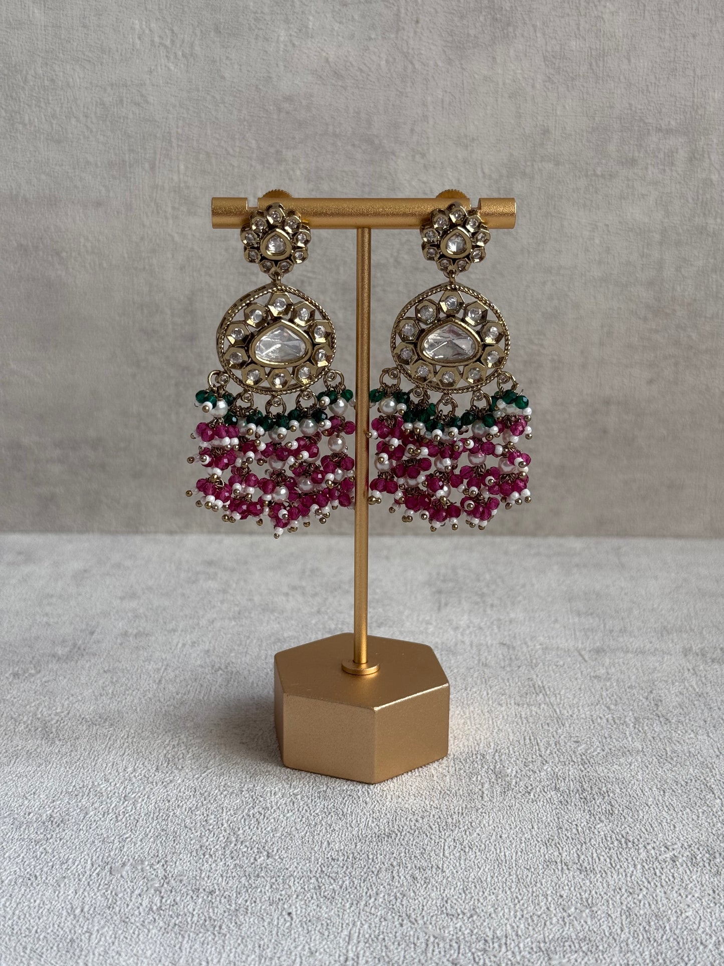Ayura Designs Sienna Set – Long Layered Necklace & Earrings with Emerald, Berry Pink & Ivory Beads, Mirror-Cut Kundan & Pearl Detailing