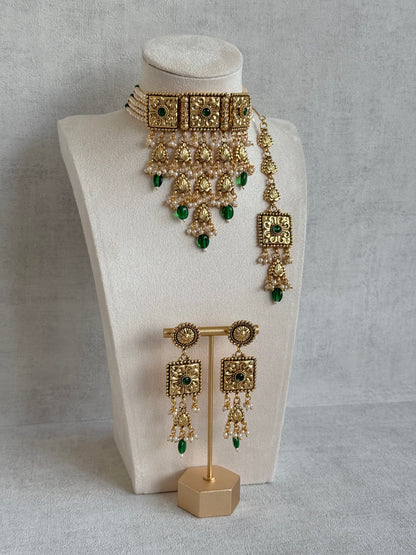 Ayura Designs Nimrah Choker Set with Earrings & Tikka – Emerald Green Gold Tone Waterfall Jewellery Set