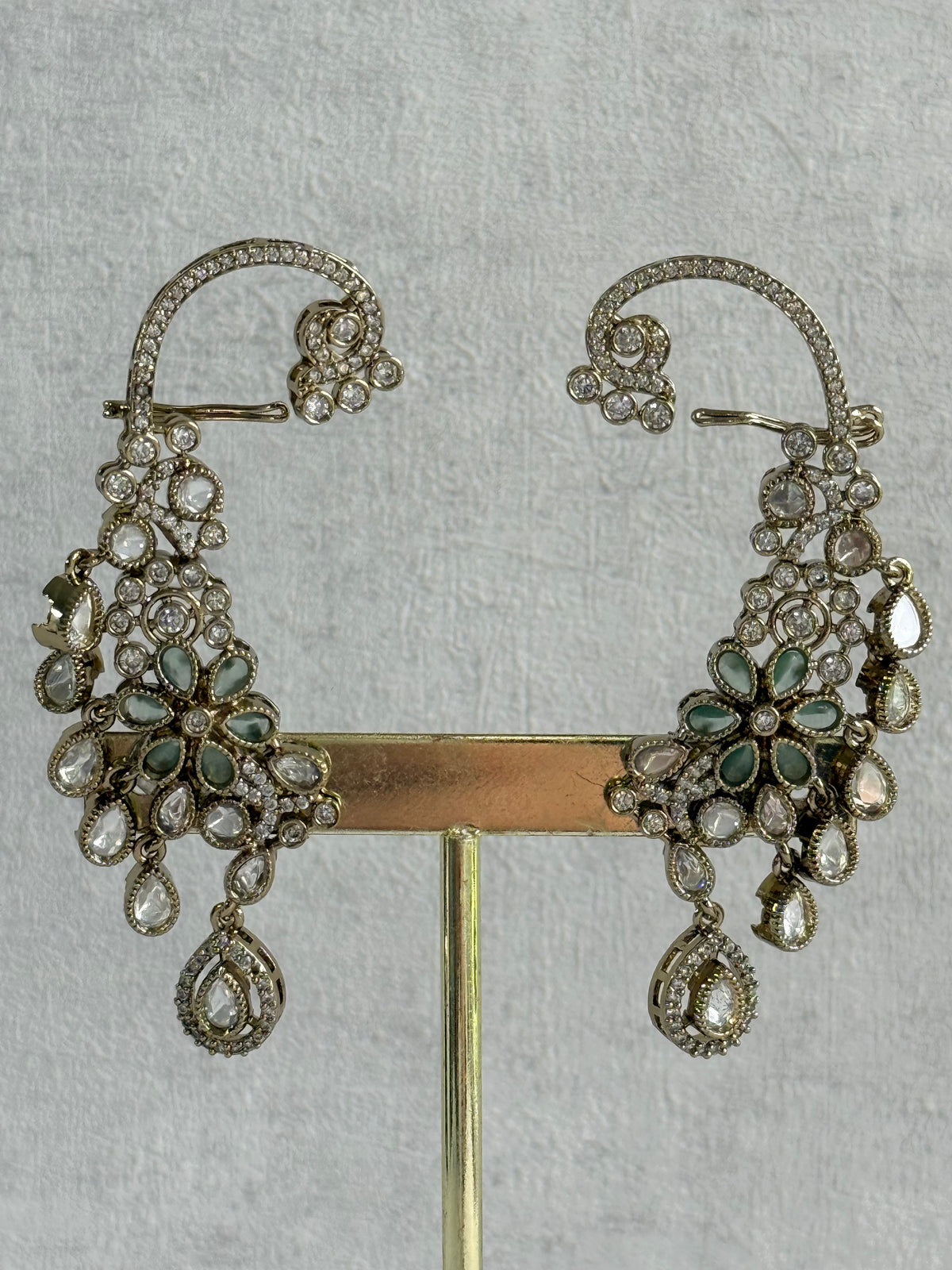 Ayura Designs Aksara Kaanphool Earrings – Mint Green Stones, Kundan, Crystals & Antique Gold Finish