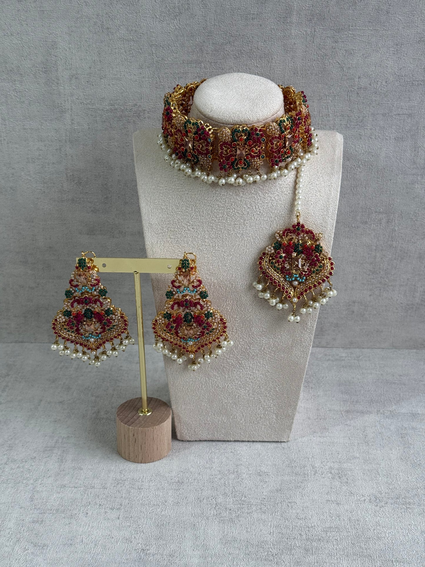 Ayura Designs Mahnoor Navratan Choker Set with Earrings & Tikka – Antique Gold Finish, Multicolour Enamel & Pearl Detailing