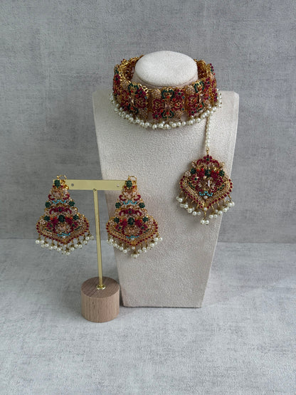 Ayura Designs Mahnoor Navratan Choker Set with Earrings & Tikka – Antique Gold Finish, Multicolour Enamel & Pearl Detailing