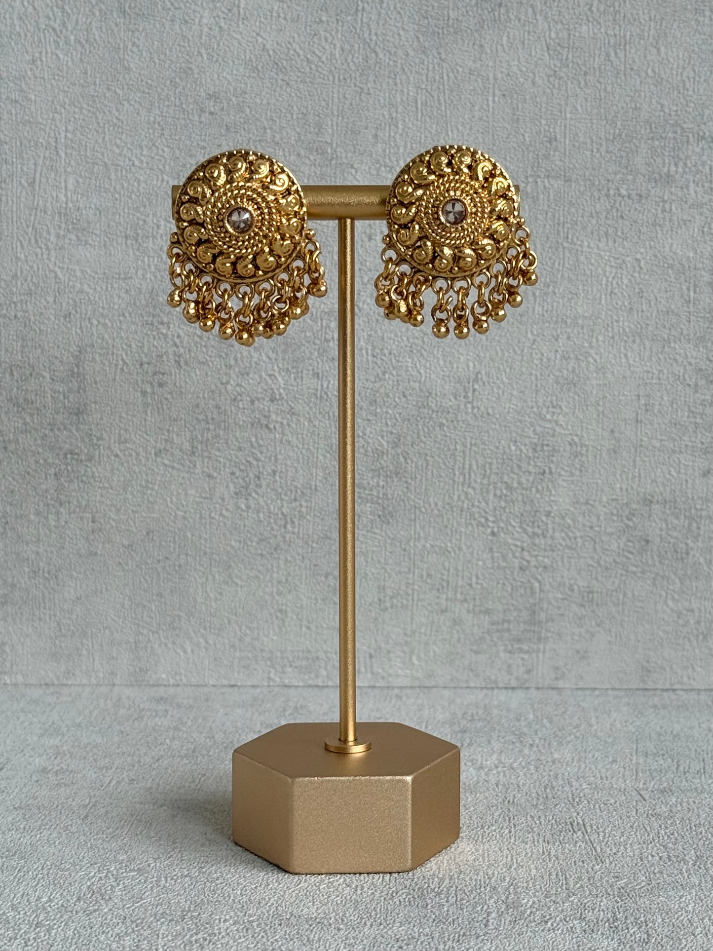 Ayura Designs Deesha Stud Earrings – Gold Finish with Crystal & Ghungroo Detailing