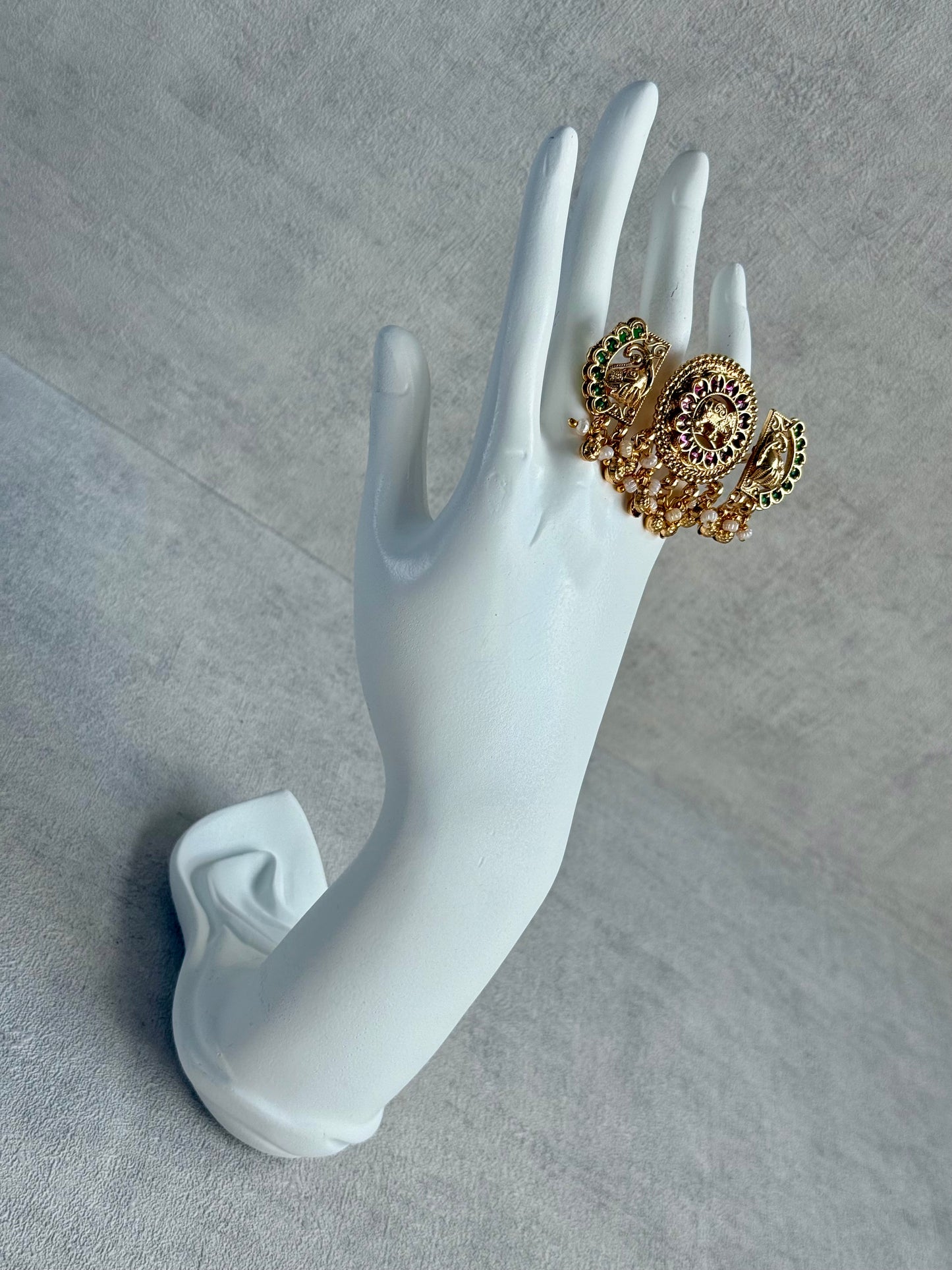 Ayura Designs Nira Adjustable Ring – Jadau-Inspired Gold Elephant Motifs with Rani Pink & Emerald Green Stones, Pearl Drops & Ghungroos