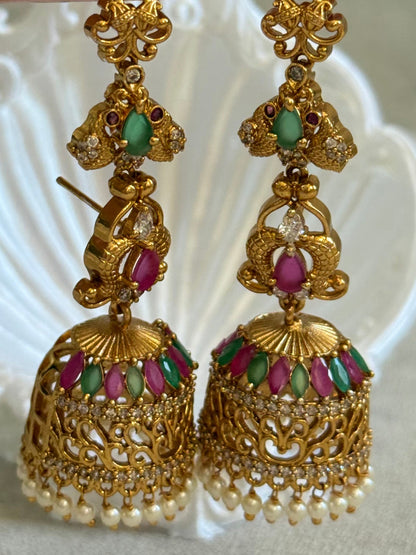 Ayura Designs Alar Jhumkis – Ear Climber in Antique Gold with Emerald & Pink Stones and Pearl Drops