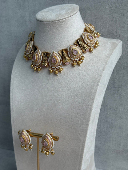 Ayura Designs Aaira Set with Necklace & Studs – Blush Pink Meenakari with Rose Pink Centre & Pearl Detailing