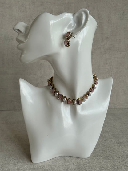 Ayura Designs Eira Set – Necklace, Earrings & Tikka with Blush Pink & Ivory Oval Stones in Antique Gold