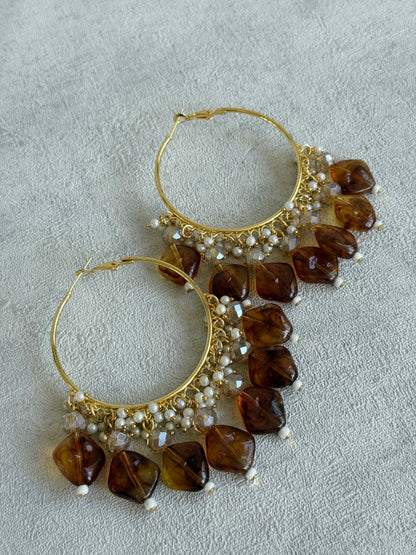 Ayura Designs Heer Balis – Gold Hoops with Smokey Amber Marble Beads, Pearls & Crystal Detailing
