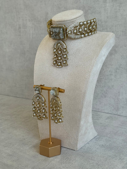 Ayura Designs Isla Choker Set with Earrings – All-White Marble & Moissanite Stones