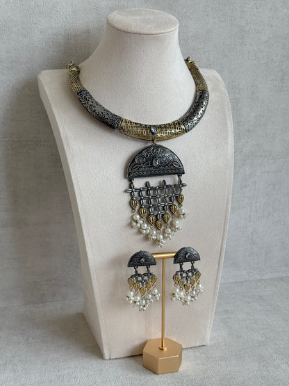 Ayura Designs Dhoop Necklace Set with Earrings – Dual Tone Oxidised Necklace with Lattice Pendant & Pearl Detailing
